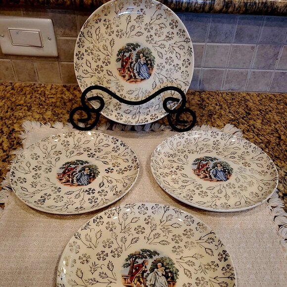 (4) Royal China Plate Warranted 22k French Garden Gold 7 3/8" Man Courting Lady - Picture 1 of 6